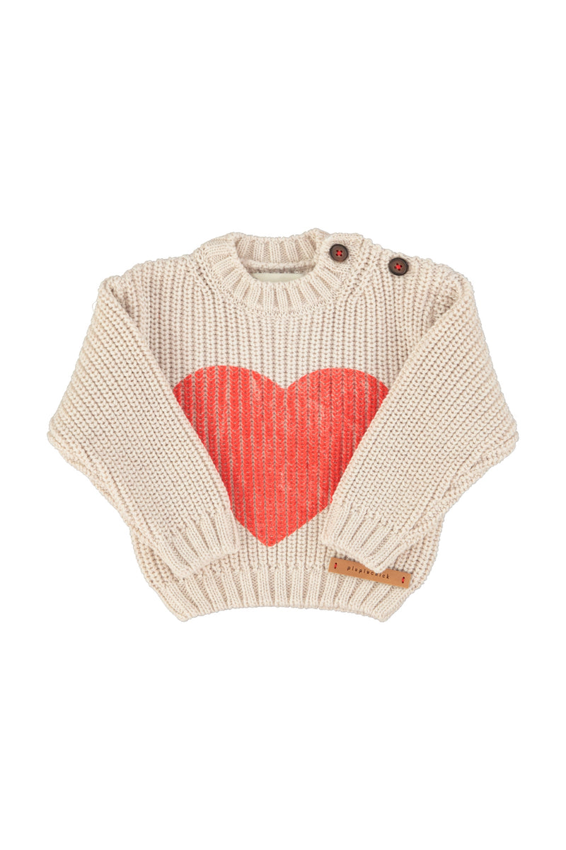 Unisex Baby Ecru Knitted Sweater with Red Heart | Organic Cotton