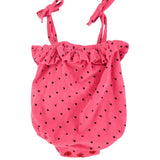 baby romper w/ ruffles | pink w/ black hearts allover