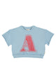 short sleeve sweatshirt | blue w/ "A" print