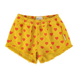 shorts w/ fringes | mustard w/ red hearts allover