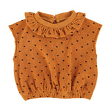 baby sleeveless top w/collar | camel w/ black hearts allover