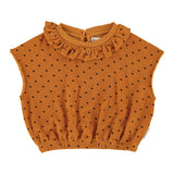sleeveless top w/collar | camel w/ black hearts allover