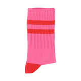 Pink socks with red stripes