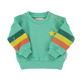 Unisex baby green sweatshirt with multicolor sleeve stripes