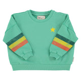 Unisex green sweatshirt with multicolor sleeve stripes