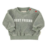 Unisex baby washed green terry sweatshirt with “best friend” print