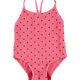 Girl Ribbed Swimsuit with Crossed Straps in Heart Print – Pink