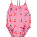 Girl Ribbed Swimsuit with Crossed Straps in Cherry Print – Pink