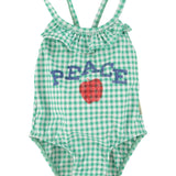 Girl Swimsuit with Ruffle in Check Print – Green