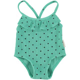Girl Ribbed Swimsuit with Ruffle in Heart Print – Green