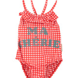 Girl Swimsuit with Ruffle in Check Print – Red