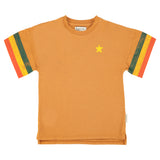 t-shirt dress | camel w/ multicolor stripes