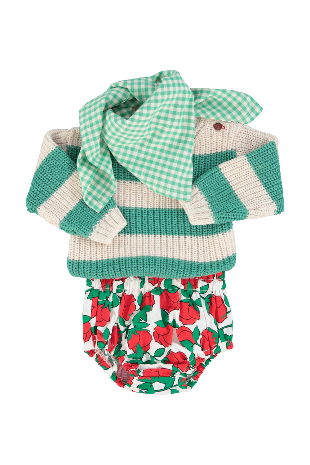 Unisex baby ecru knitted sweater with green stripes