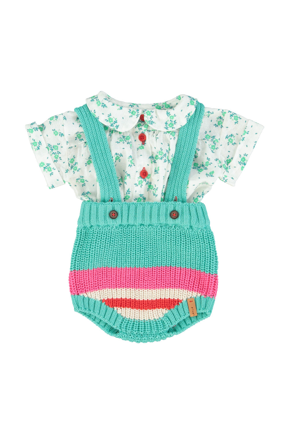 Unisex baby turquoise knitted romper with multicolor stripes