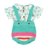 Unisex baby turquoise knitted romper with multicolor stripes