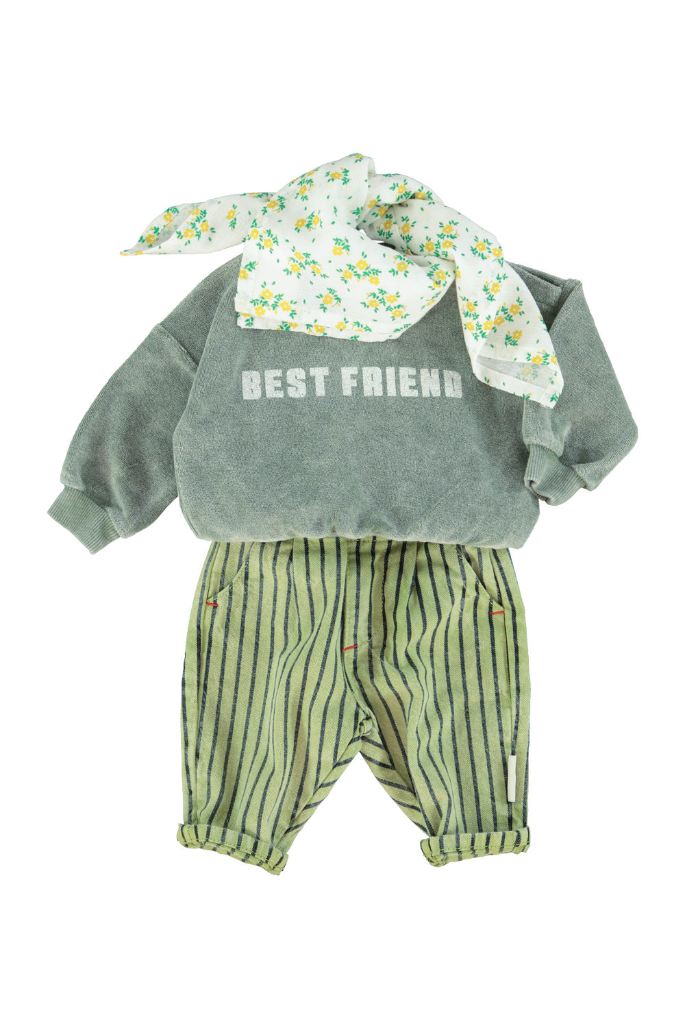 Unisex baby washed green terry sweatshirt with “best friend” print