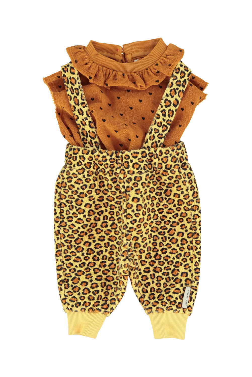 baby sleeveless top w/collar | camel w/ black hearts allover