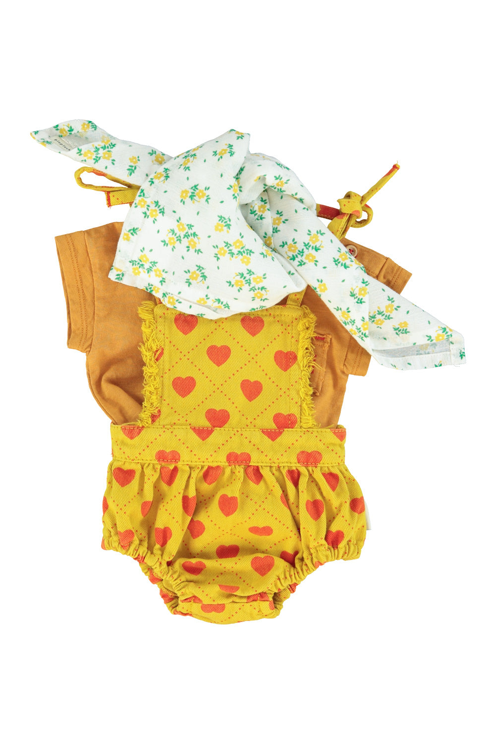 Baby playsuit | mustard w/ red hearts allover