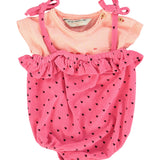 baby romper w/ ruffles | pink w/ black hearts allover