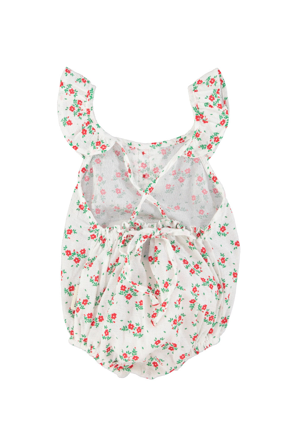 baby romper w/ fringe straps | ecru w/ red flowers allover