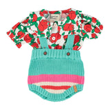 Unisex baby turquoise knitted romper with multicolor stripes