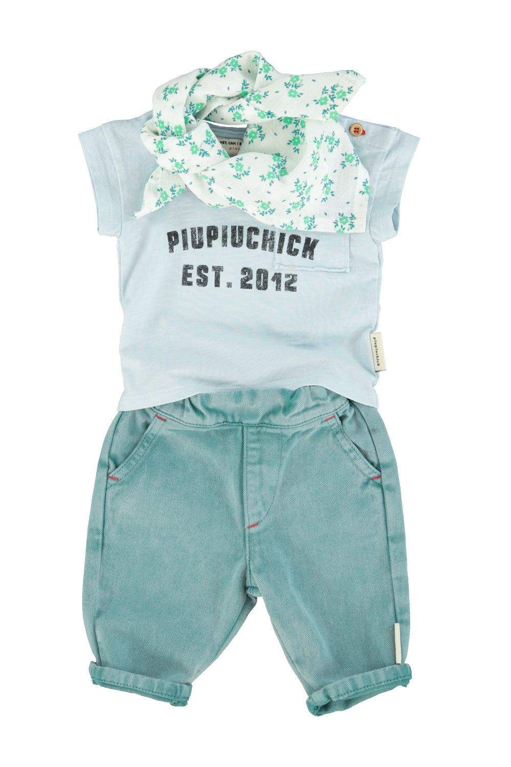 baby t-shirt | light blue w/ "piupiuchick" print