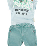 baby t-shirt | light blue w/ "piupiuchick" print