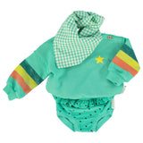 Unisex baby green sweatshirt with multicolor sleeve stripes