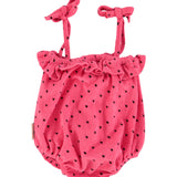 baby romper w/ ruffles | pink w/ black hearts allover