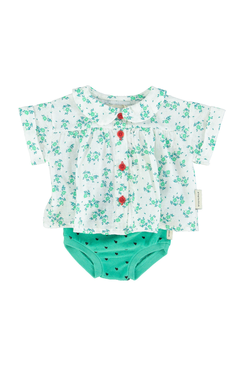 Baby peter pan collar shirt | ecru w/ green flowers allover