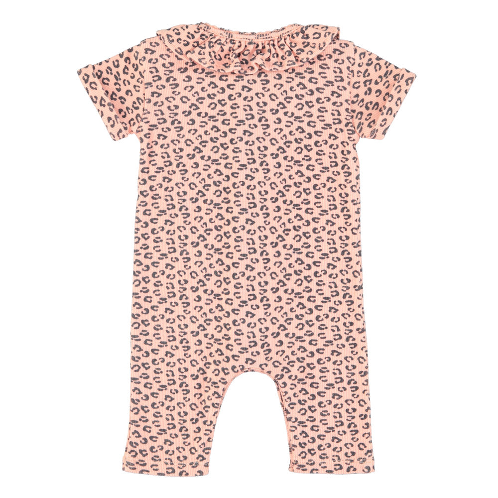 Newborn short sleeve babygrow w/ collar | pink w/ animal print