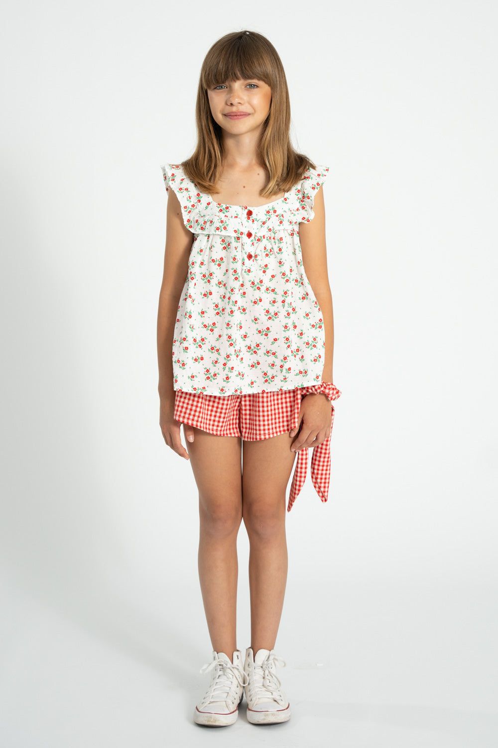 sleeveless blouse | ecru w/ red flowers allover