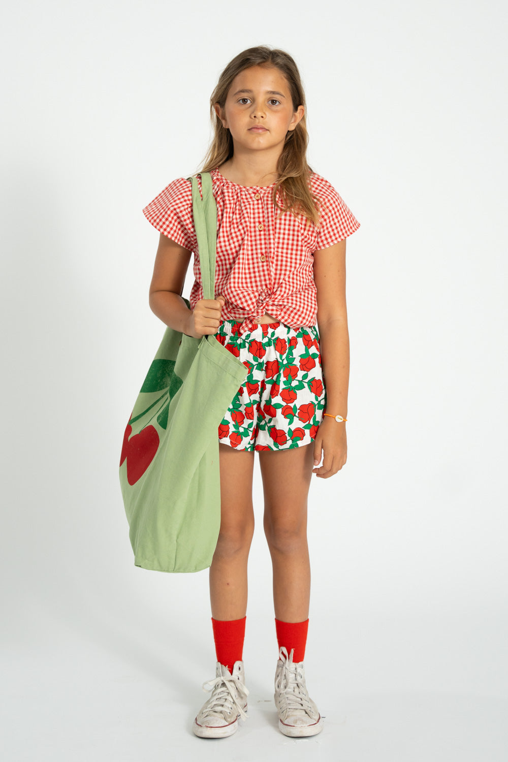 blouse w/ butterfly sleeves | red & ecru checkered