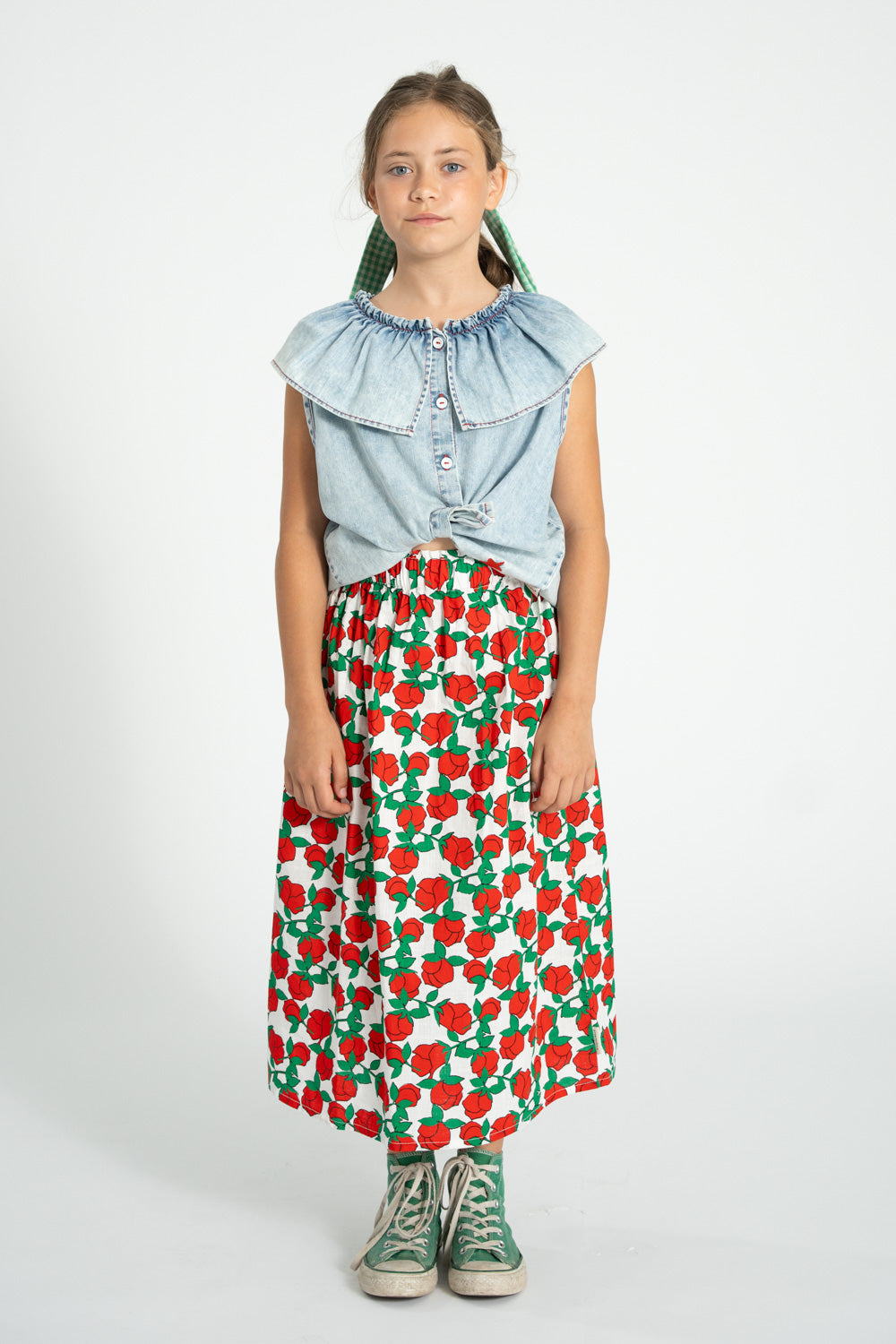 long skirt | ecru w/ red roses print