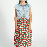 long skirt | ecru w/ red roses print