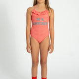 Girl Swimsuit with Ruffle in Check Print – Red