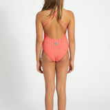 Girl Swimsuit with Ruffle in Check Print – Red