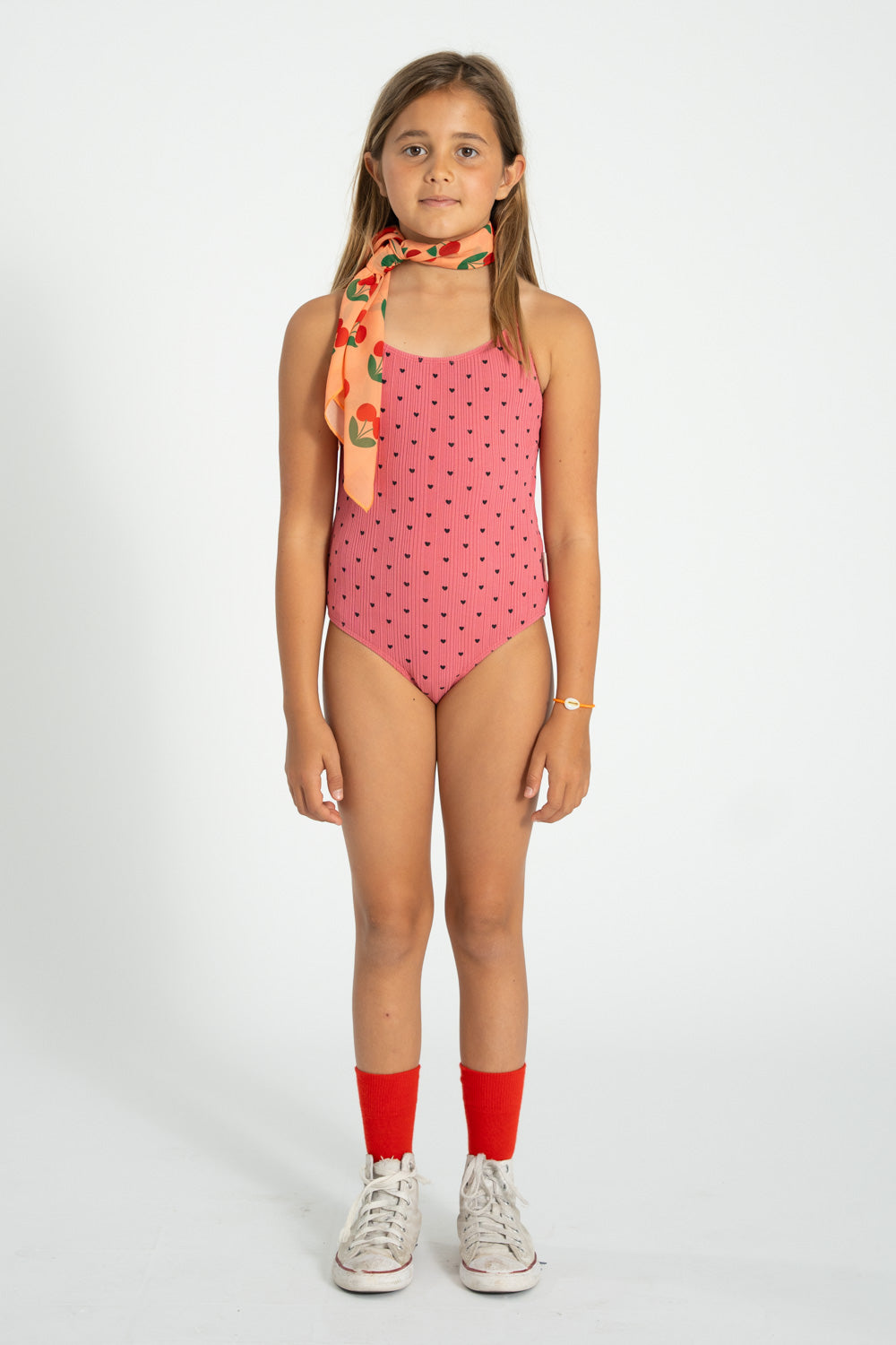 Girl Ribbed Swimsuit with Crossed Straps in Heart Print – Pink