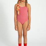Girl Ribbed Swimsuit with Crossed Straps in Heart Print – Pink