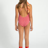Girl Ribbed Swimsuit with Crossed Straps in Heart Print – Pink