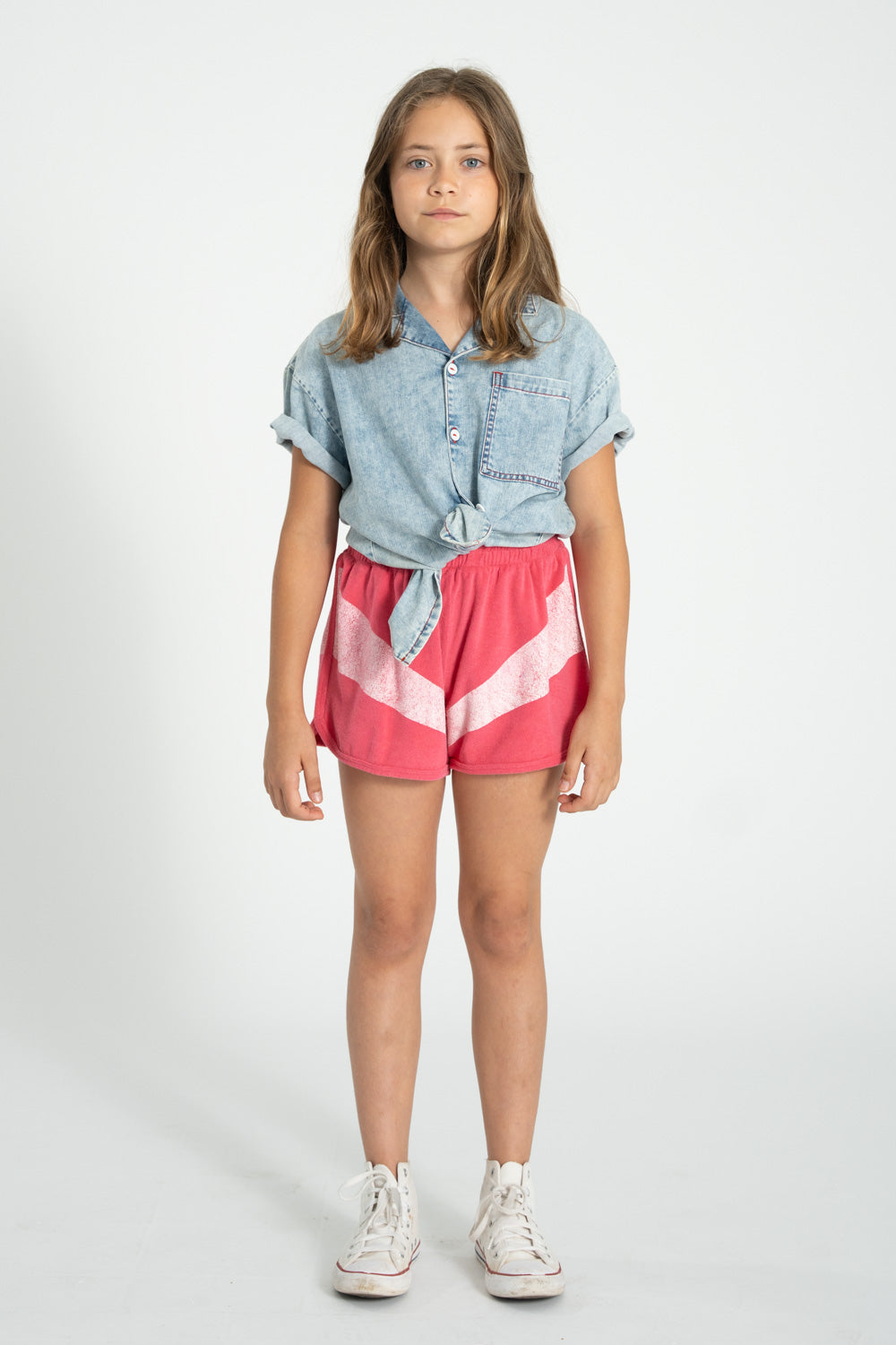 Girl pink terry shorts with white stripes
