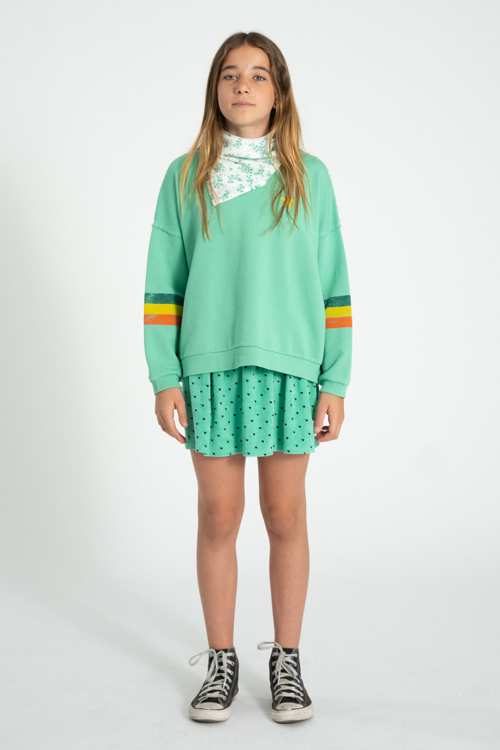 Unisex green sweatshirt with multicolor sleeve stripes