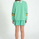 Unisex green sweatshirt with multicolor sleeve stripes