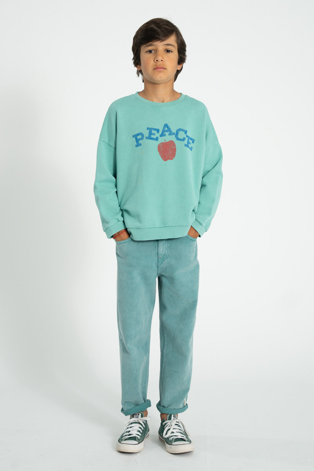 Unisex turquoise sweatshirt with “peace” print