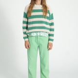 Unisex ecru knitted sweater with green stripes