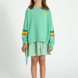 Unisex green sweatshirt with multicolor sleeve stripes