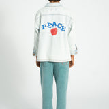 jacket | washed light blue denim w/ "peace" print