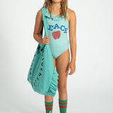 Girl Swimsuit with Ruffle in Check Print – Green