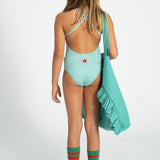 Girl Swimsuit with Ruffle in Check Print – Green