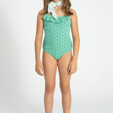 Girl Ribbed Swimsuit with Ruffle in Heart Print – Green
